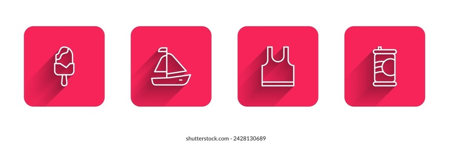 Set line Eis, Yacht Segelboot, ärmelloses T-Shirt und Soda Dose mit langem Schatten. Roter quadratischer Knopf. Vektor