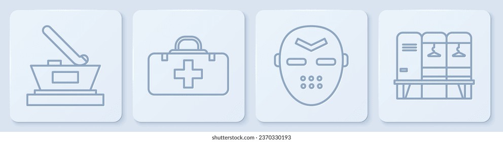 Set line Ice hockey cup champion, Hockey mask, First aid kit and Locker or changing room. White square button. Vector