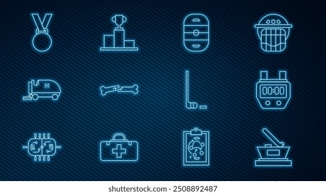 Set line Ice hockey cup champion, Stopwatch, rink, Human broken bone, resurfacer, Medal, stick and puck and Hockey over sports winner podium icon. Vector