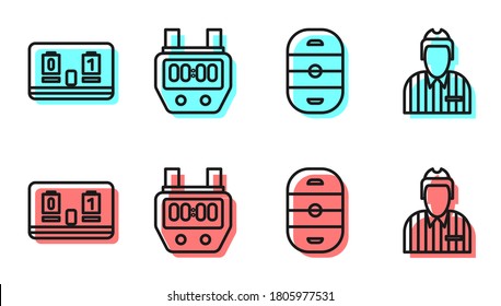 Set line Ice hockey rink, Hockey mechanical scoreboard, Stopwatch and Hockey judge, referee, arbiter icon. Vector