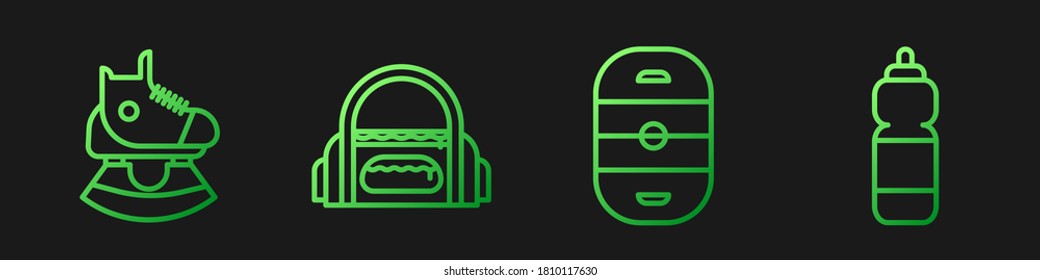 Set line Ice hockey rink, Skates, Sport bag and Fitness shaker. Gradient color icons. Vector