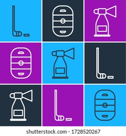 Set line Ice hockey stick and puck, Air horn and Ice hockey rink icon. Vector