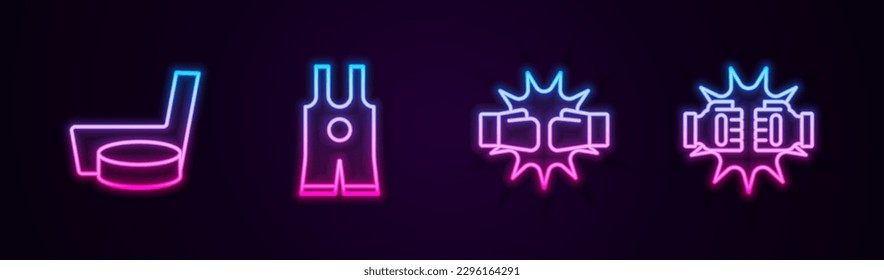 Set line Ice hockey stick and puck, Wrestling singlet, Punch boxing gloves and . Glowing neon icon. Vector