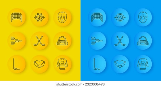 Set line Ice hockey stick and puck, Championship tournament bracket, sticks, Hockey jersey, Sport bag, goal, mask and table icon. Vector