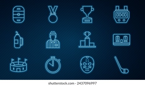 Set line Ice hockey stick, Hockey mechanical scoreboard, Award cup, judge, referee, arbiter, Fitness shaker, rink, over sports winner podium and Medal icon. Vector