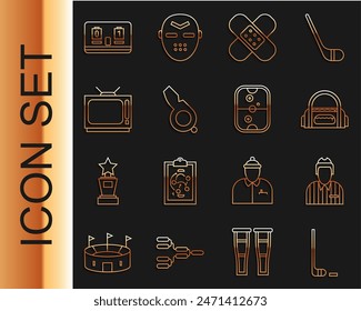 Set line Ice hockey stick and puck, Hockey judge, referee, arbiter, Sport bag, Crossed bandage plaster, Whistle, Retro tv, mechanical scoreboard and Air table icon. Vector