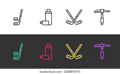 Set line Ice hockey stick and puck, Thermos container, sticks and axe on black and white. Vector