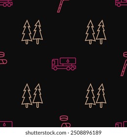 Set line Ice hockey stick and puck, Christmas tree and Tanker truck on seamless pattern. Vector