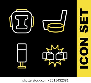 Set line Ice hockey stick and puck, Punch in boxing gloves, Punching bag and Boxing helmet icon. Vector