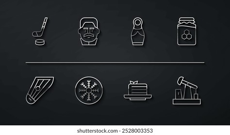 Set line Ice hockey stick and puck, Kankles, Jar of honey, Medovik, Snowflake, Joseph Stalin, Oil pump or pump jack and Russian doll matryoshka icon. Vector