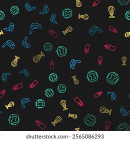 Set line Ice hockey stick and puck, Boxing helmet, Punching bag and  on seamless pattern. Vector