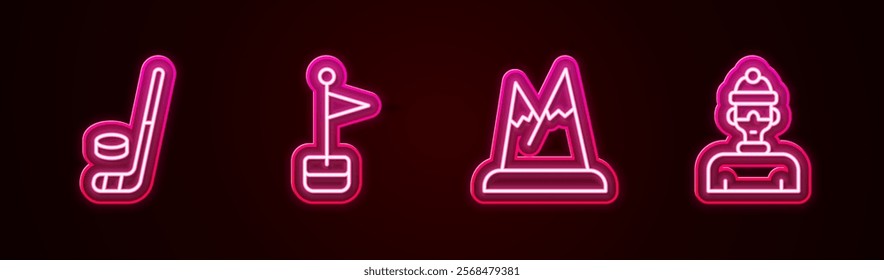 Set line Ice hockey stick and puck, Location marker, Mountains and Winter athlete. Glowing neon icon. Vector