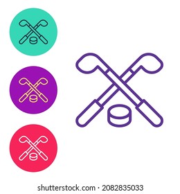 Set line Ice hockey sticks and puck icon isolated on white background. Game start. Set icons colorful. Vector