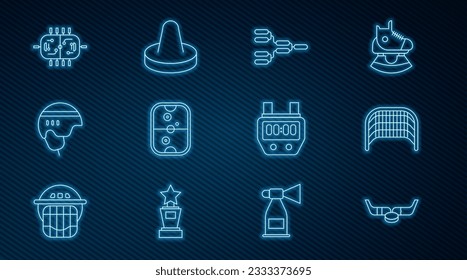 Set line Ice hockey sticks and puck, goal, Championship tournament bracket, Air table, Hockey helmet, Stopwatch and Mallet for playing air icon. Vector