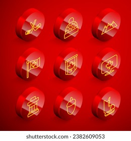 Set line Ice hockey sticks, Beanie hat, Mountains, Flag of Canada, Pennant flag, Canadian maple leaf, Inukshuk and Acorn icon. Vector