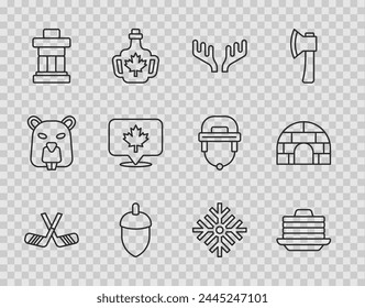 Set line Palos de hockey sobre hielo, Pila de panqueques, Cornamenta de ciervo, Bellota, Inukshuk, hoja de arce canadiense, copo de nieve y el icono de la casa de hielo iglú. Vector