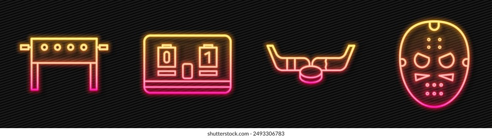 Set line Ice hockey sticks and puck, Hockey table, Hockey mechanical scoreboard and Hockey mask. Glowing neon icon. Vector