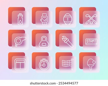 Set line Ice hockey sticks and puck, Stopwatch, Torch flame, Checkered flag, Weight, American Football ball, Fitness shaker and Smart with heart icon. Vector