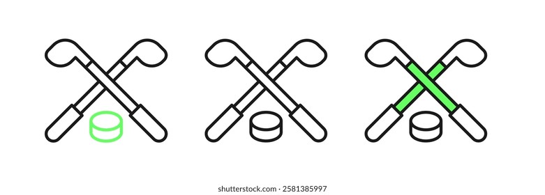 Set line Ice hockey sticks and puck icon isolated on white background. Game start.  Vector