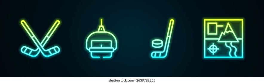 Set line Ice hockey sticks, Ski lift, and puck and Folded map. Glowing neon icon. Vector