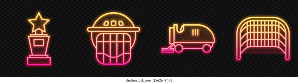 Set line Ice resurfacer, Award cup, Hockey helmet and Ice hockey goal. Glowing neon icon. Vector