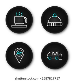 Set line Ice resurfacer, Location with mountain, Winter hat and Hot chocolate cup icon. Vector