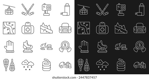 Set line Ice resurfacer, Medal, Sport bag, Action camera, First aid kit, Route location, Cable car and Mountain descent icon. Vector