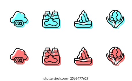 Set line Iceberg, CO2 emissions in cloud, Wrecked oil tanker ship and Hand holding Earth globe icon. Vector