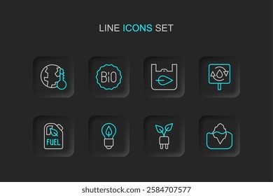 Set line Iceberg, Electric saving plug in leaf, Light bulb with, Bio fuel canister, Recycle clean aqua, Shopping bag recycle, Banner for bio and Earth melting to global warming icon. Vector