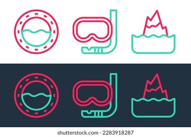 Set line Iceberg, Ship porthole and Diving mask and snorkel icon. Vector