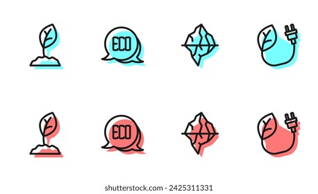 Set line Iceberg, Sprout, Leaf Eco symbol and Electric saving plug in leaf icon. Vector