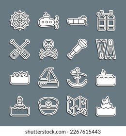 Set line Iceberg, Submarine, Flippers for swimming, Inflatable boat with motor, Skull on crossbones, Paddle, Ship steering wheel and Spyglass telescope lens icon. Vector