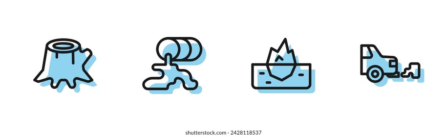 Set line Iceberg, Tree stump, Barrel oil leak and Car exhaust icon. Vector