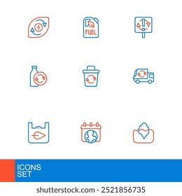 Set line Iceberg, World Earth day, Shopping bag with recycle, Garbage truck, Recycling plastic bottle, Recycle bin, symbol and Bio fuel canister icon. Vector