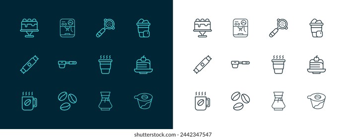 Set line Iced coffee, Coffee beans, cup to go, Pour over maker, filter holder, Cake and machine icon. Vector