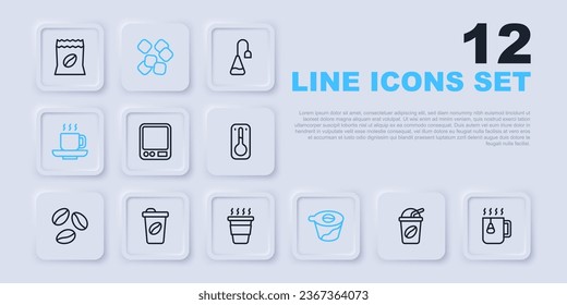 Set line Iced coffee, Cup tea with bag, Electronic scales, Pour over maker, Coffee cup, to go, Sugar cubes and  icon. Vector