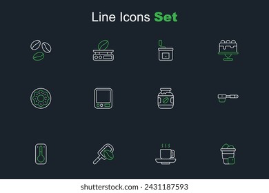 Set line Iced coffee, Coffee cup, Spatula with grain, thermometer, filter holder, jar bottle, Electronic scales and Donut icon. Vector