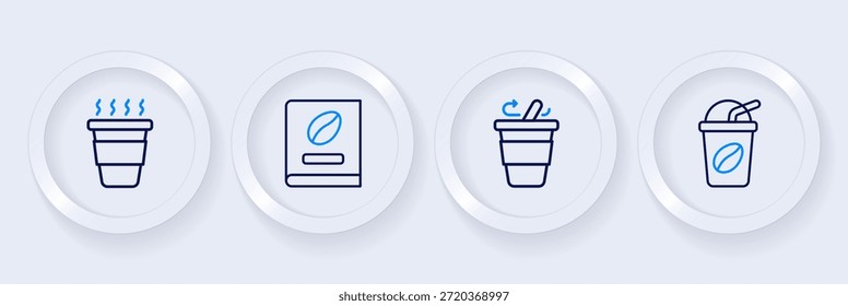 Definir linha Iced café, Xícara de café para ir, livro e ícone. Vetor