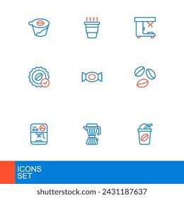 Set line Iced coffee, Coffee maker moca pot, machine, beans, Medal for, Candy,  and cup to go icon. Vector