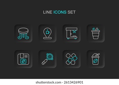 Set line Iced coffee, Sugar cubes, Coffee filter holder, Bag beans, cup to go, machine, Location with and table icon. Vector