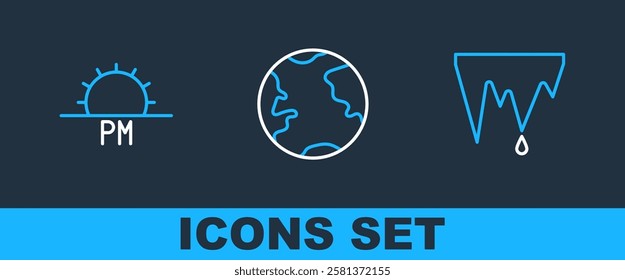 Set line Icicle, Sunset and Earth globe icon. Vector