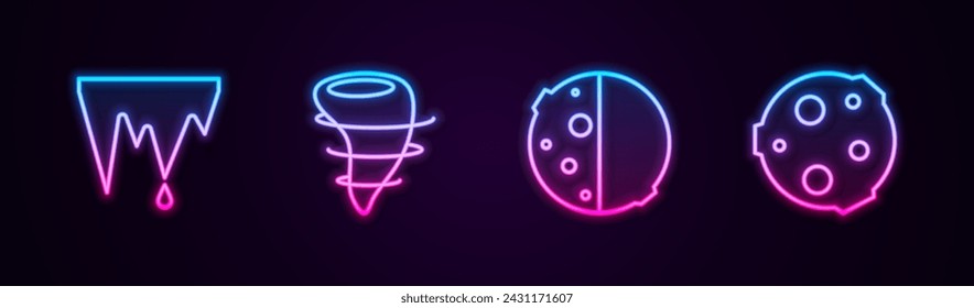 Set line Icicle, Tornado, Eclipse of the sun and Moon. Glowing neon icon. Vector