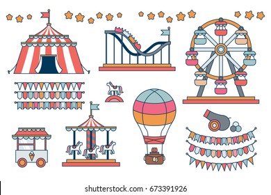 Set of line icon Circus attraction elements