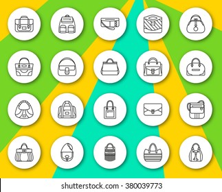 Set of line icon. Different women bags. Contour round icons with shadow. Info graphic elements. Simple design. Vector illustration, eps 10.  