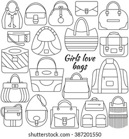 Set of line icon. Different women bags and place for your text.  Info graphic elements. Simple design. Vector illustration, eps 10.  