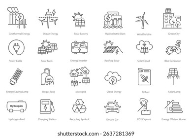Set of line icon graphics about energy and ecology. Green solutions for carbon reduction and environment awareness. Earth symbols for eco use in various content. Vector illustration.