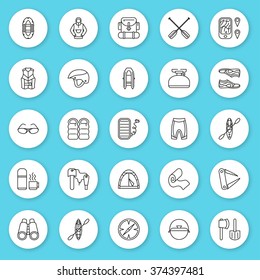 Set of line icon. Rafting, kayaking equipment. Contour round icons with shadow. Info graphic elements. Simple design. Vector illustration, eps 10.  