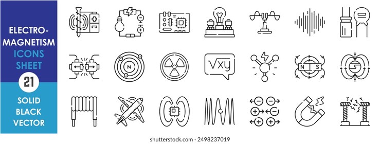 Un conjunto de iconos de línea relacionados con el electromagnetismo. Eléctrico, magnético, circuito, condensador, inductores, cables, campo electromagnético, magnético y así sucesivamente. Conjunto de iconos de contorno de Vector.