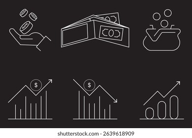 Set of line icon related to income, salary, money, business. Outline icon collection. Editable stroke. Vector illustration on Dark Background. EPS 10.