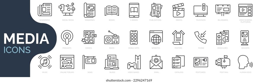 Set of line icon related to mass media, social networks, public media, journalism, communication, networking. Outline icon collection. Editable stroke. Vector illustration  - Shutterstock ID 2296247169